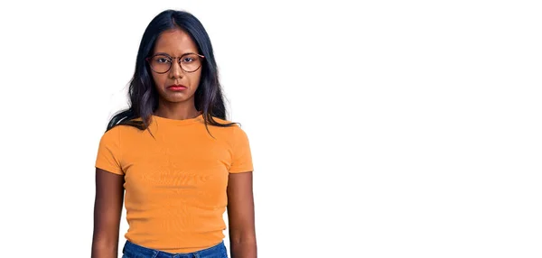 Young Indian Girl Wearing Casual Clothes Glasses Depressed Worry Distress — Stock Photo, Image