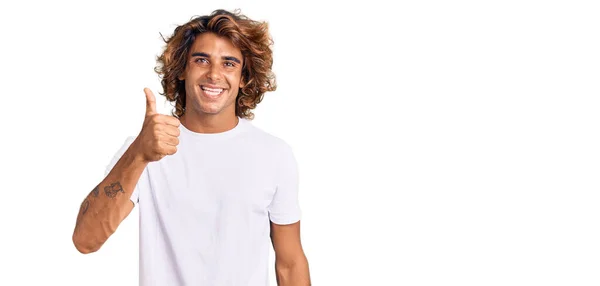 Young Hispanic Man Wearing Casual White Tshirt Doing Happy Thumbs — Stock Photo, Image