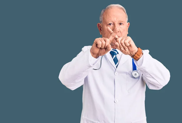 Senior Handsome Grey Haired Man Wearing Doctor Coat Stethoscope Rejection — Stock Photo, Image