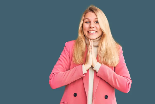 Young Beautiful Blonde Woman Wearing Elegant Clothes Praying Hands Together — Stock Photo, Image