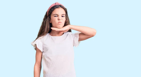 Cute Hispanic Child Girl Wearing Casual White Tshirt Cutting Throat — Stock Photo, Image