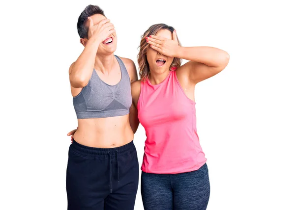 Couple Women Wearing Sportswear Smiling Laughing Hand Face Covering Eyes — Stock Photo, Image