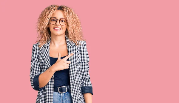 Young Blonde Woman Curly Hair Wearing Business Jacket Glasses Cheerful — Stock Photo, Image