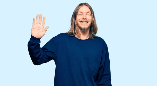 Handsome Caucasian Man Long Hair Wearing Casual Winter Sweater Waiving — Stock Photo, Image