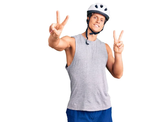 Young Handsome Man Wearing Bike Helmet Smiling Looking Camera Showing — Stock Photo, Image