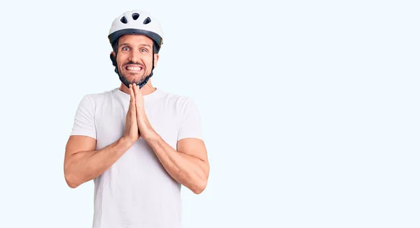 Young Handsome Man Wearing Bike Helmet Praying Hands Together Asking — Stock Photo, Image