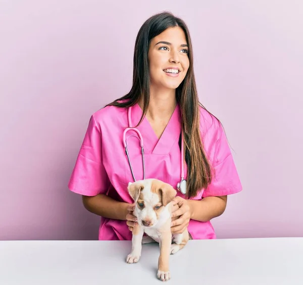 Joven Veterinaria Hispana Sonriendo Feliz Examinando Perrito Clínica — Foto de Stock