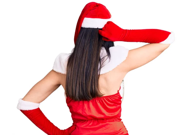 Joven Hermosa Mujer Caucásica Con Traje Santa Claus Revés Pensando — Foto de Stock