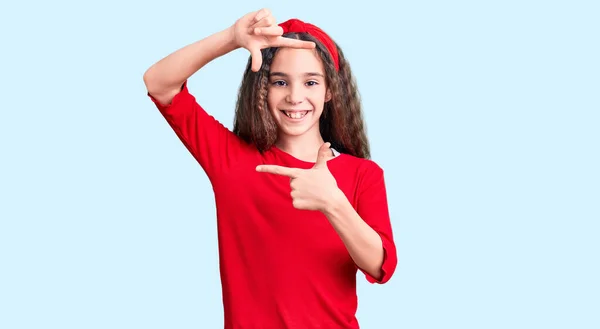 Cute Hispanic Child Girl Wearing Casual Clothes Smiling Making Frame — Stock Photo, Image