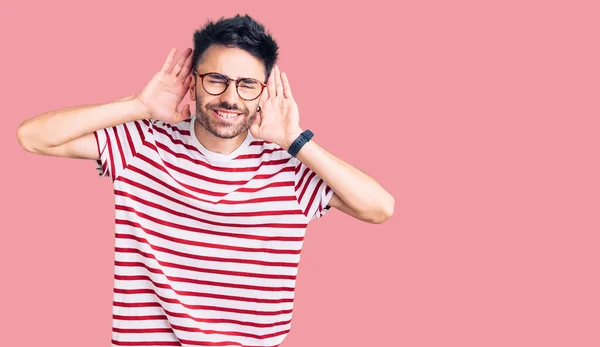 Young Hispanic Man Wearing Casual Clothes Trying Hear Both Hands — Stock Photo, Image