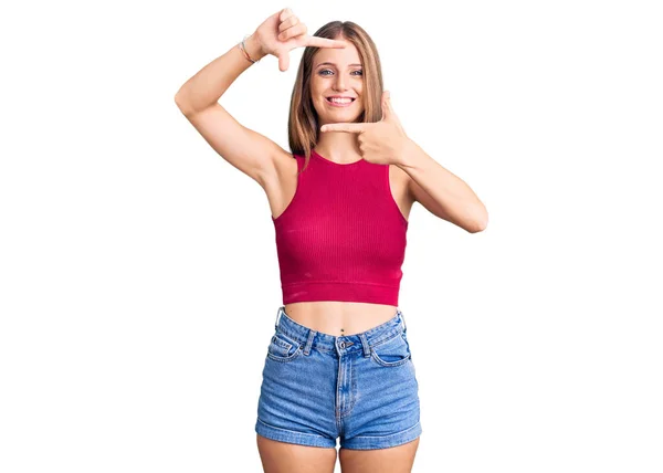 Young Beautiful Blonde Woman Wearing Elegant Summer Shirt Smiling Making — Stock Photo, Image