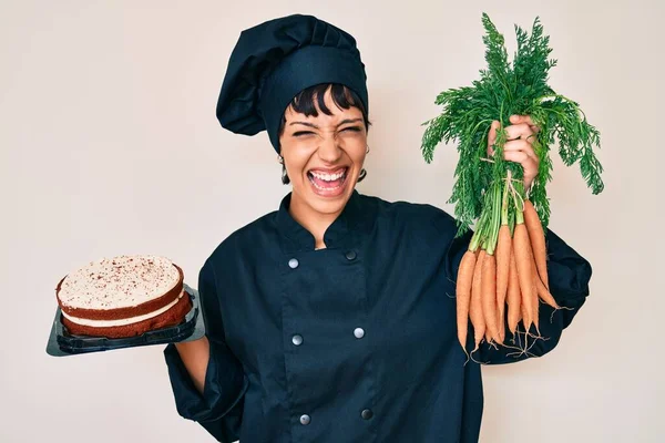 Beautiful Brunettte Woman Chef Cooking Carrot Cake Smiling Laughing Hard — Stock Photo, Image