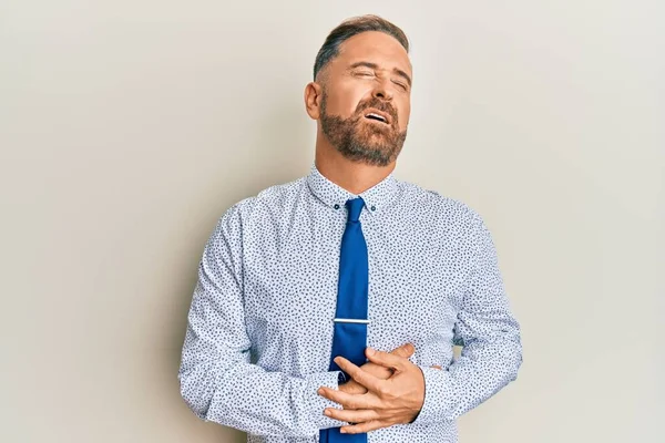 Handsome Middle Age Man Wearing Business Shirt Tie Hand Stomach — Stock Photo, Image