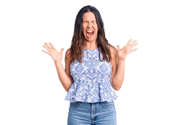 Young Beautiful Brunette Woman Wearing Casual Shirt Celebrating Mad Crazy — Stock Photo, Image