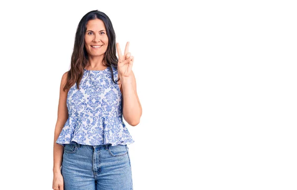 Young Beautiful Brunette Woman Wearing Casual Shirt Showing Pointing Fingers — Stock Photo, Image