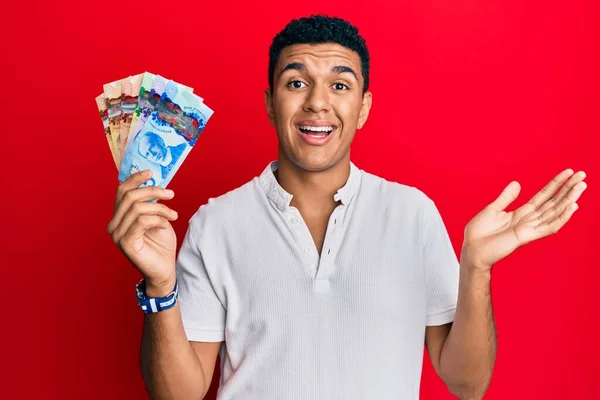 Joven Árabe Sosteniendo Dólares Canadienses Celebrando Logro Con Sonrisa Feliz —  Fotos de Stock