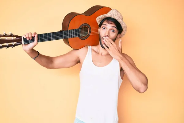 Handsome Hispanic Man Classical Guitar Covering Mouth Hand Shocked Afraid — Stock Photo, Image