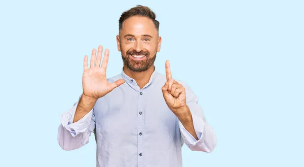 Handsome Middle Age Man Wearing Business Shirt Showing Pointing Fingers — Stock Photo, Image