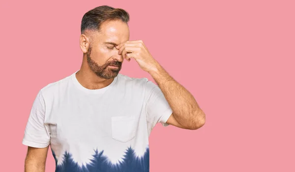 Handsome Middle Age Man Wearing Casual Tie Dye Tshirt Tired — Stock Photo, Image