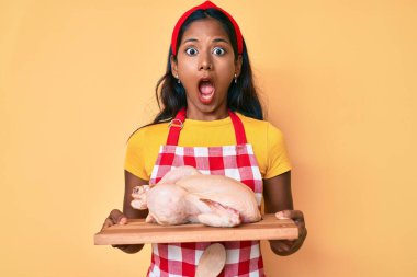 Genç Hintli kız aşçı önlüğü giyiyor ve elinde tavuk var. Şaşırmış ve şaşırmış bir ifade, korku ve heyecanlı bir yüz ifadesi var.. 