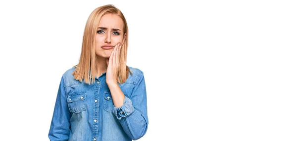 Beautiful Caucasian Woman Wearing Casual Denim Jacket Touching Mouth Hand — Stock Photo, Image