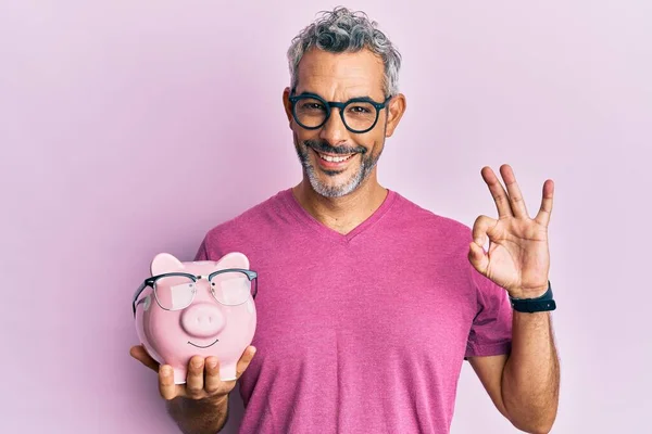 Middle Age Grey Haired Man Holding Piggy Bank Glasses Doing — Stock Photo, Image