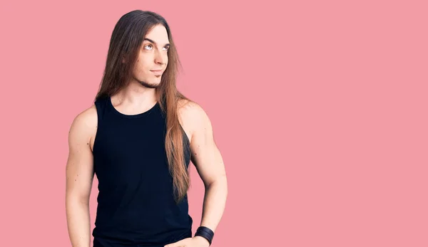 Young Adult Man Long Hair Wearing Goth Style Black Clothes — Stock Photo, Image