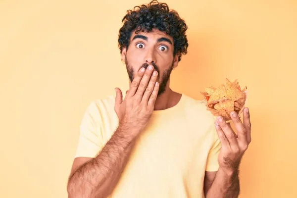 Handsome Young Man Curly Hair Bear Holding Nachos Potato Chips — Stock Photo, Image