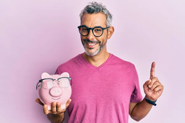 Middle Age Grey Haired Man Holding Piggy Bank Glasses Surprised — Stock Photo, Image