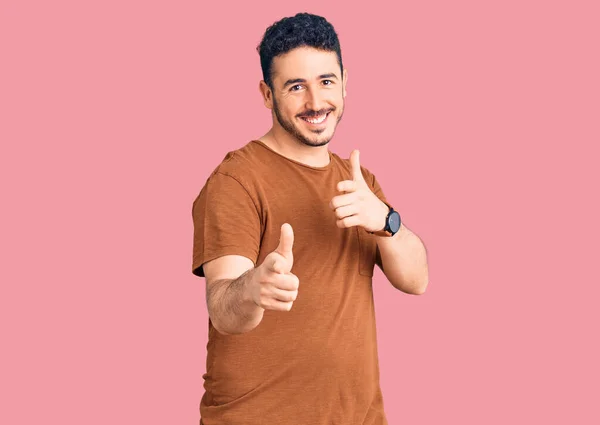 Young Hispanic Man Wearing Casual Clothes Pointing Fingers Camera Happy — Stock Photo, Image