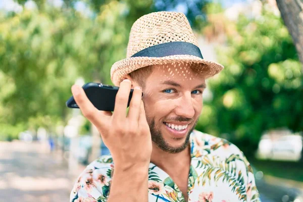 Caucasian Handsome Man Smiling Happy Outdoors Listening Voice Message Phone — Stock Photo, Image