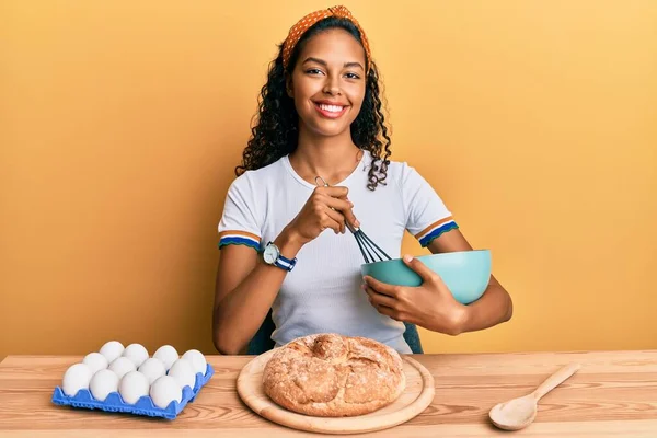 Young African American Girl Making Homemade Bread Sitting Table Smiling — Stock Photo, Image