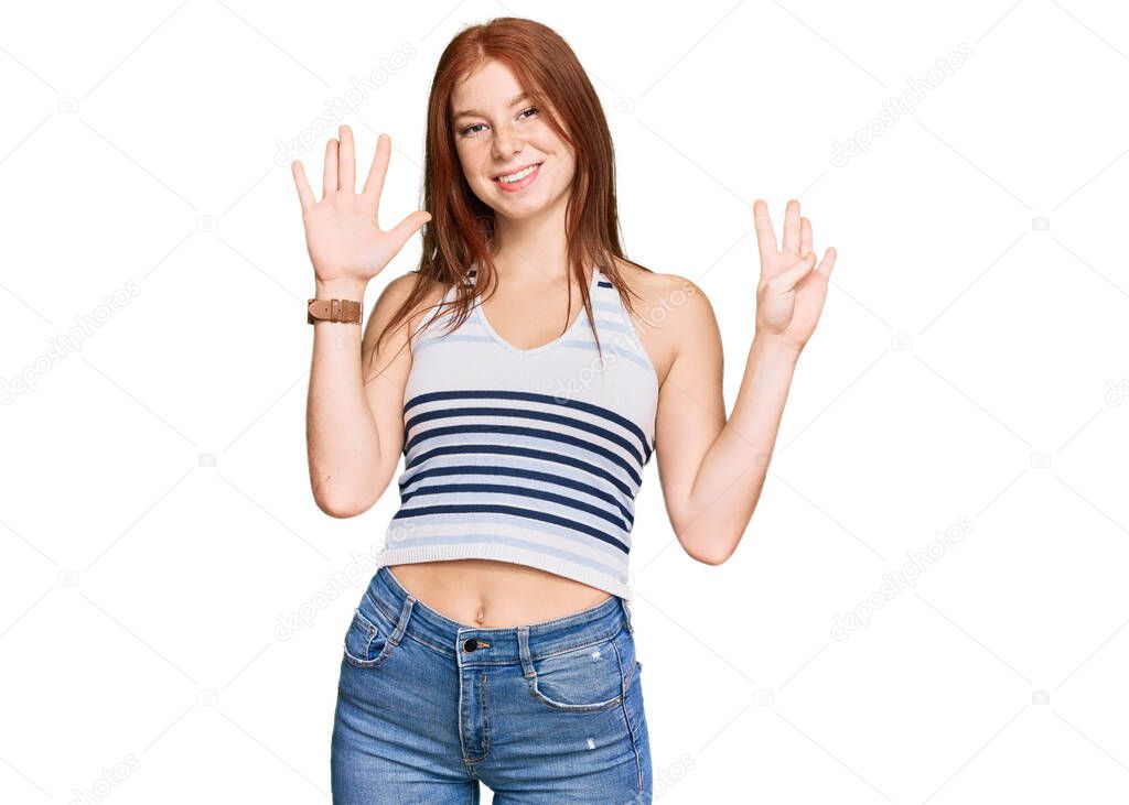Young read head woman wearing casual clothes showing and pointing up with fingers number nine while smiling confident and happy. 