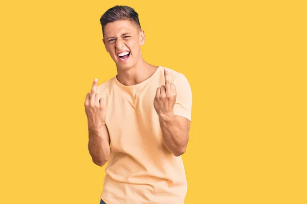 Young Handsome Man Wearing Casual Clothes Showing Middle Finger Doing — Stockfoto