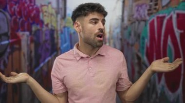Genç İspanyol adam, şehir sokaklarındaki canlı duvar yazılarının önünde el sıkışıyor; belirsizlik..