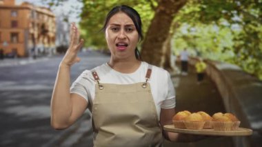Önlüklü kadın fırıncı somurturken ve somurturken ahşap kek tepsisini tutuyor ve el kaldırıyor; hayal kırıklığı dayanıklılığı.