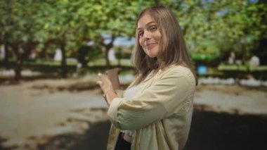 Çıplak kollu bir kadın güneşli yeşil ormanda açık avuçlu hareketler sergiliyor..