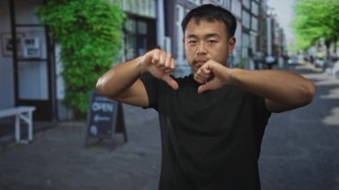 Genç Çinli adam, güneşli caddede tabela ve mağaza önünde baş parmak hareketi gösteriyor; reddedilme.