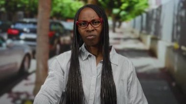 Kıvırcık saçlı ve gözlüklü bir kadın şehir sokağında duruyor. Ciddi görünüyor. Etrafı park etmiş arabalar ve yeşilliklerle çevrili..