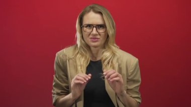 Parlak kırmızı bir fonda el kol hareketi yapan, gözlüklü, bej ceketli, değişik yüz ifadeleri sergileyen, sarı saçlarını ve kendine güvenen tavırlarını vurgulayan bir kadın..