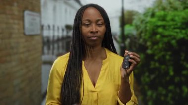 Şehir caddesinde elinde araba anahtarlarıyla duran, parlak sarı gömlekli, kendine güvenini ve bağımsızlığını canlı bir şehir ortamında sergileyen bir kadın..