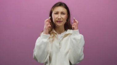 Genç bir kadın pembe arka planda umut ve umut dolu duygular ifade ederek parmaklarını çaprazlıyor..