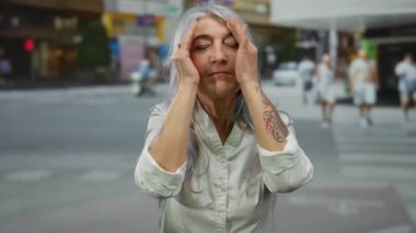 Kalabalık bir caddede ellerini yüzünden çekerken gri saçlı yaşlı kadın gülümsüyor. Açık bir şehir ortamında dövmesini ve neşeli ifadesini sergiliyor..