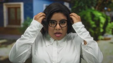 Gözlüklü ve beyaz tişörtlü bir kadın yeşil ağaçlı bir caddede sürpriz yapıyor..