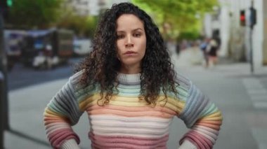 Sokakta duran, kolları çaprazlanmış renkli süveter giyen genç bir kadın, şehir ortamında ağaçlarla ve insanlarla duraklama hareketi yapıyor.