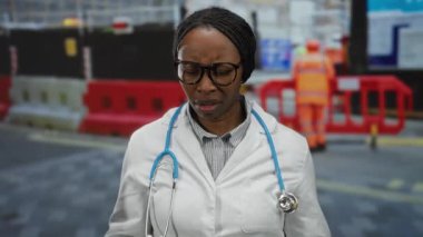 İnşaat alanındaki doktor laboratuvar önlüğü ve steteskop giyip dışarıda el sıkışık bir şekilde dikiliyor..