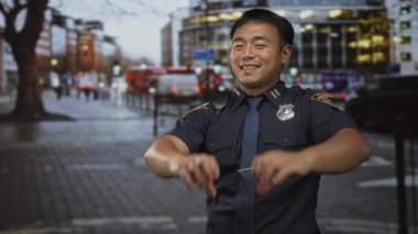 Polis üniformalı gülümseyen genç adam, yağmurlu caddede elleri ile kalp şekli oluşturur; şefkatli cömertlik sıcaklığı.