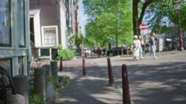 Hollanda, Amsterdam 'da güneşli bir caddede yürüyen, yemyeşil ağaçlar ve şehir mimarisi olan insanların odaklanmadığı bir sahne..