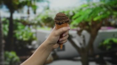 Güneşli park ortamında çikolatalı dondurma külahı. Etrafı bereketli yeşilliklerle çevrili. Yazın tadını çıkarıyorlar.