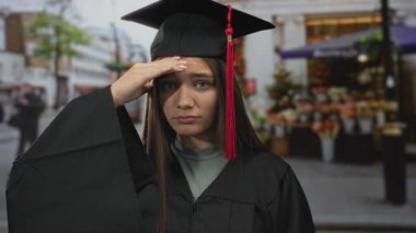 Siyah mezuniyet elbisesi ve havan panosu giymiş bir kız çiçek standının yanındaki kalabalık bir caddede eliyle yanağına dokunuyor..